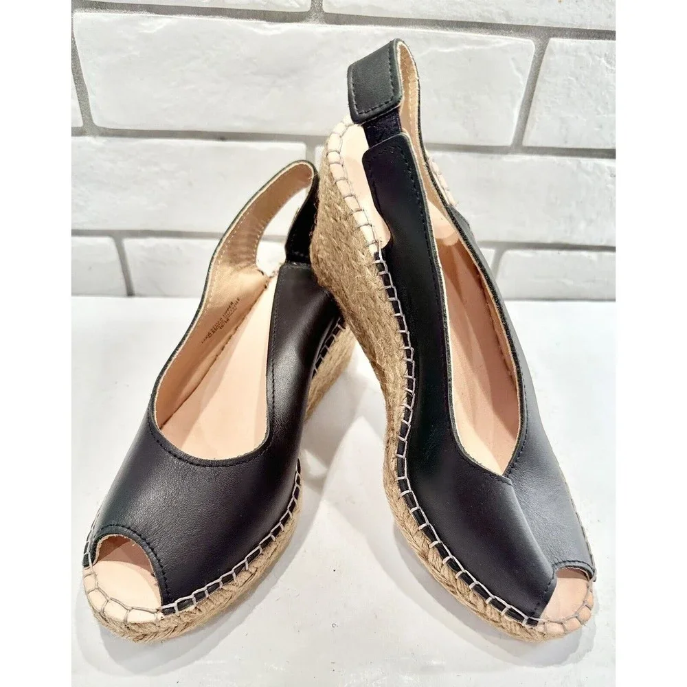 Carvela Comfort Black Leather Wedge Sandals Woman's Size 37 US 7